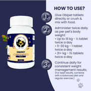 Weight-based daily dosage instructions for administering Obipet tablets to dogs.