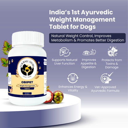 Promotional graphic for Obipet dog tablets highlighting health benefits like liver support, digestion, metabolism, and vitality.