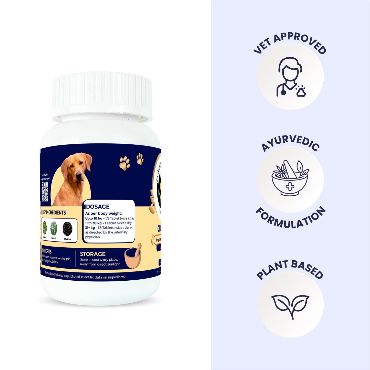 Back view of the Obipet bottle showing the ingredients and dosage label next to icons for Vet Approved, Ayurvedic, and Plant Based.