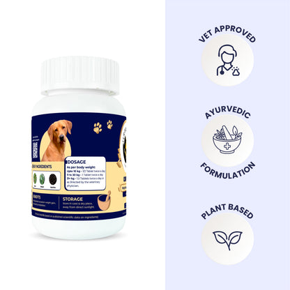 Back view of the Obipet bottle showing the ingredients and dosage label next to icons for Vet Approved, Ayurvedic, and Plant Based.