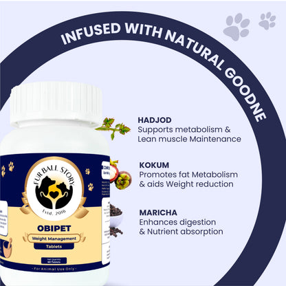 Product graphic showing the natural ingredients of Obipet tablets: Hadjod, Kokum, and Maricha.