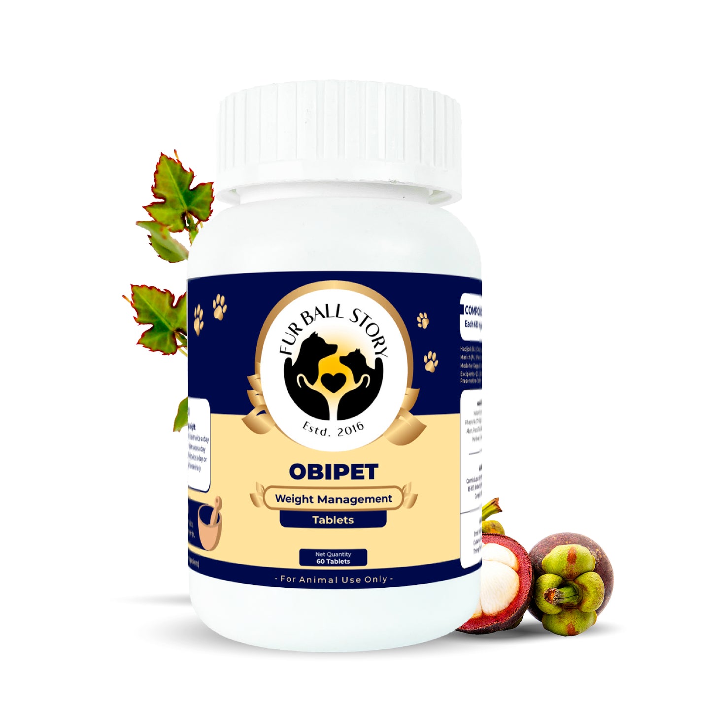 Front view of a white bottle of Fur Ball Story Obipet Weight Management Tablets next to kokum fruit.
