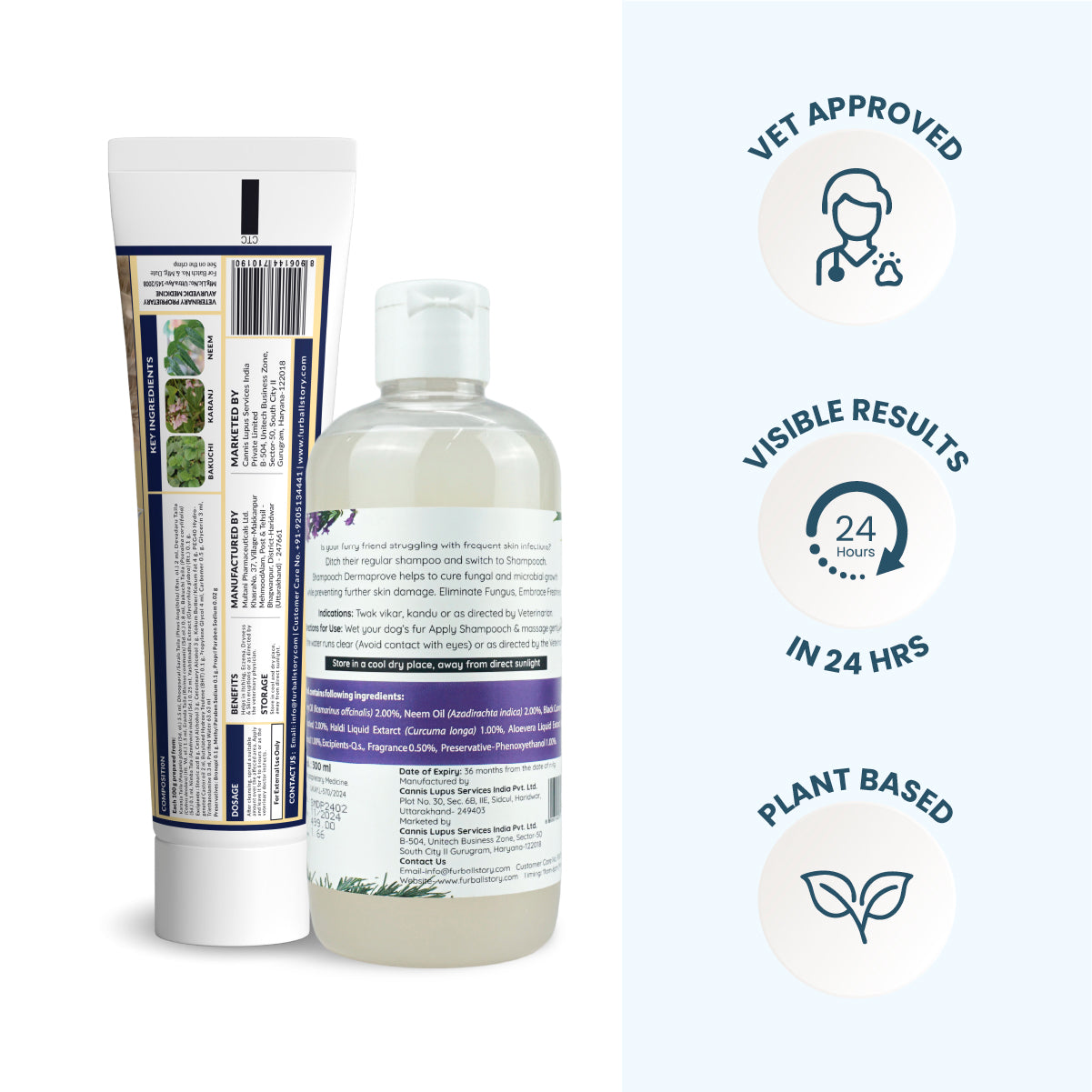 A back-view shot of the cream and shampoo packaging displaying ingredients and manufacturing details, alongside icons for "Vet Approved," "Visible Results in 24 Hrs," and "Plant Based."