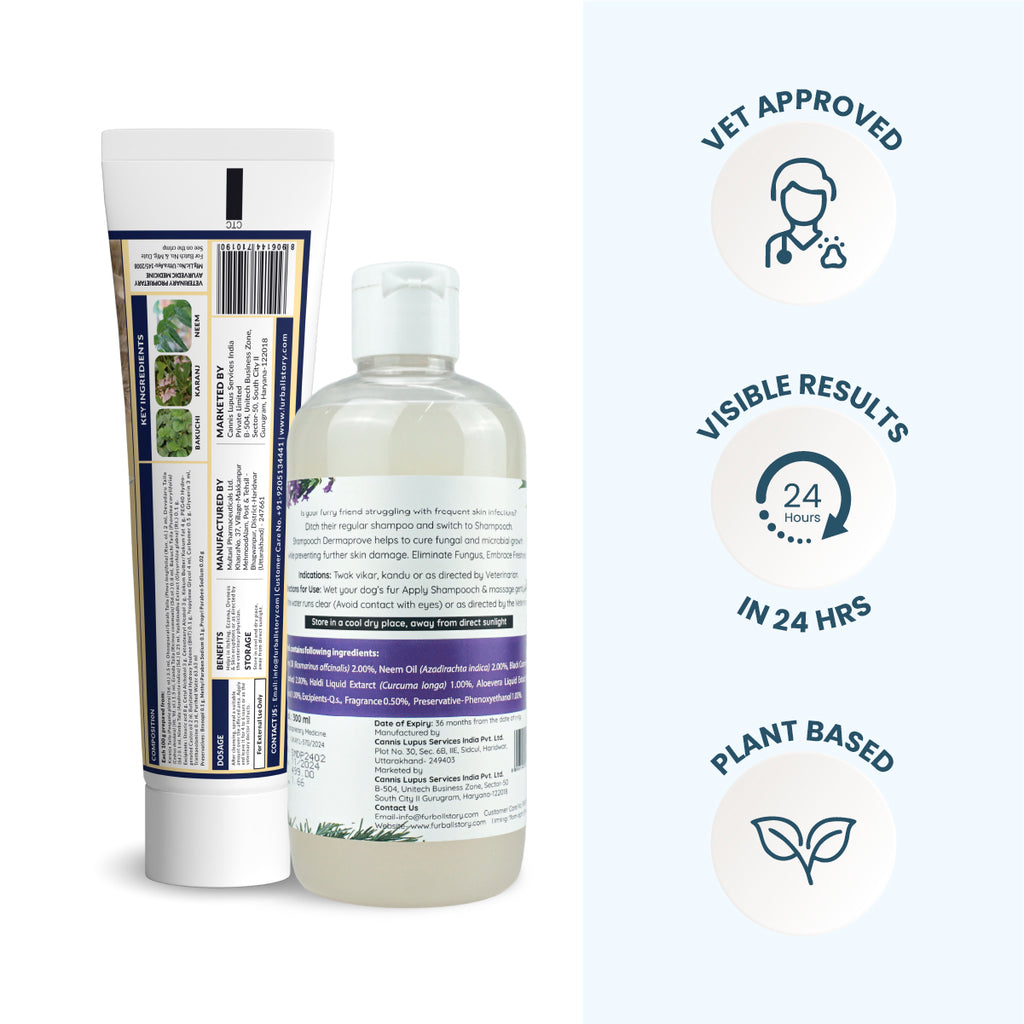A back-view shot of the cream and shampoo packaging displaying ingredients and manufacturing details, alongside icons for "Vet Approved," "Visible Results in 24 Hrs," and "Plant Based."