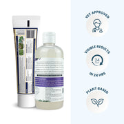 A back-view shot of the cream and shampoo packaging displaying ingredients and manufacturing details, alongside icons for "Vet Approved," "Visible Results in 24 Hrs," and "Plant Based."