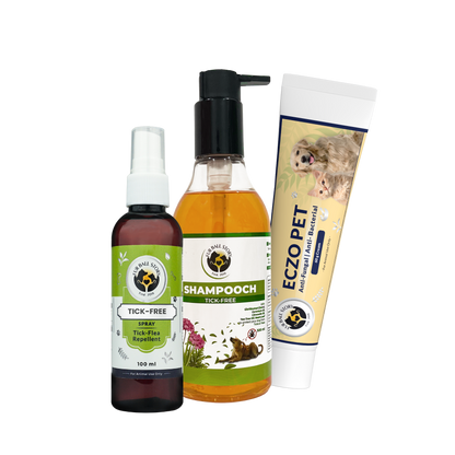 Three pet care products including a tick-free spray, Shampooch bottle, and Eczo Pet anti-fungal cream against a checkered background.