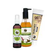 Three pet care products including a tick-free spray, Shampooch bottle, and Eczo Pet anti-fungal cream against a checkered background.