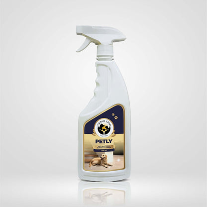 Front view of a white spray bottle of Petly Antibacterial Surface Cleaner featuring a dog on the label.
