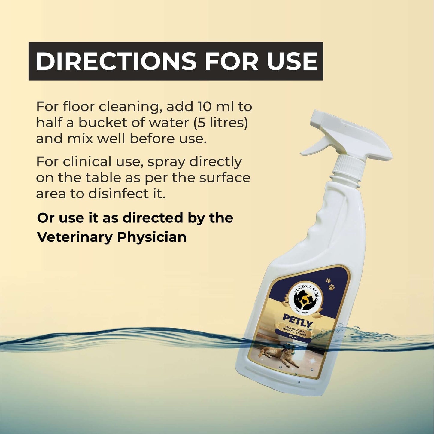 Infographic explaining usage directions for floor cleaning, clinical surface disinfection, or veterinary guidance.