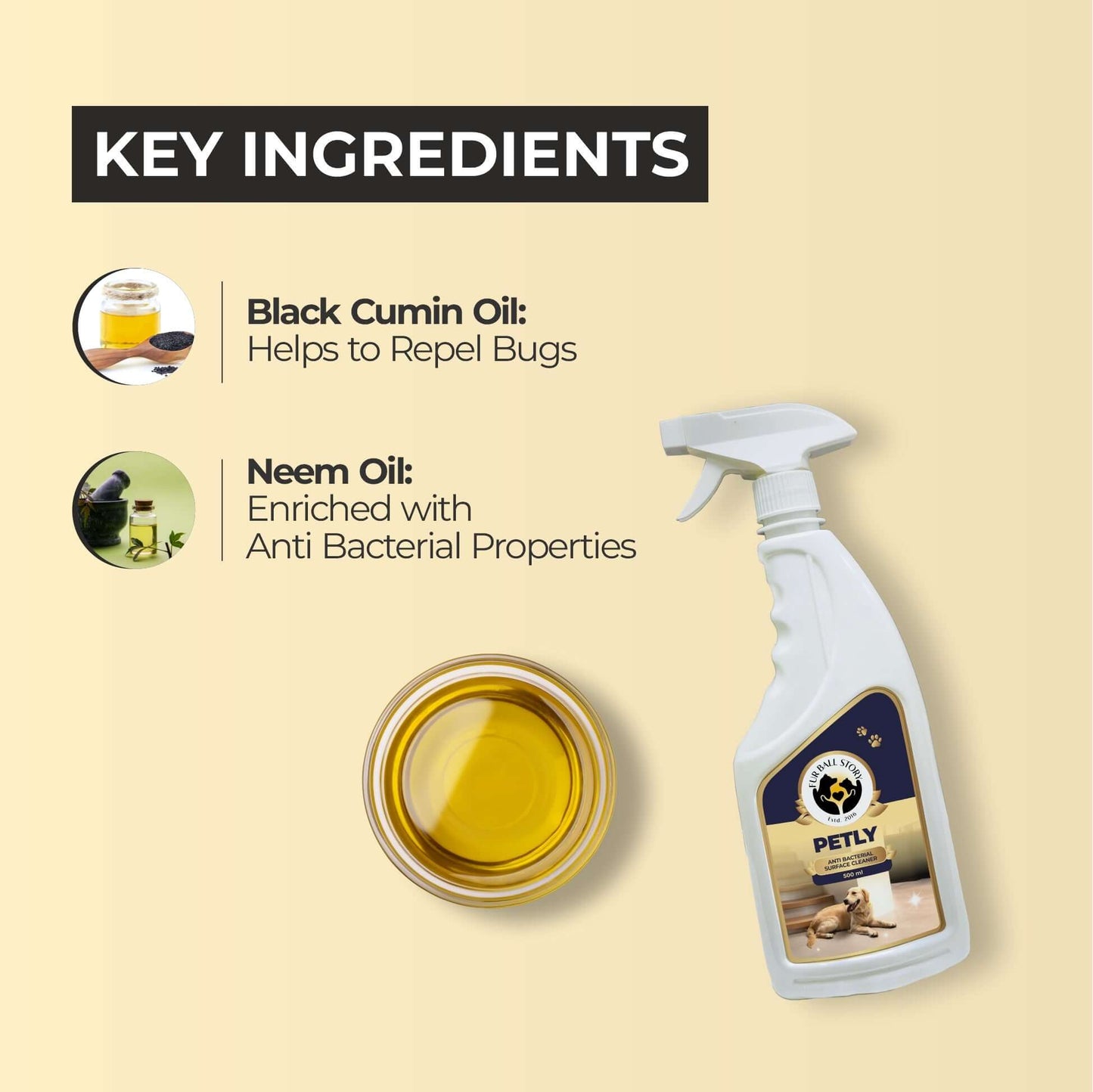Infographic highlighting key ingredients: Black Cumin Oil to repel bugs and Neem Oil for antibacterial properties.