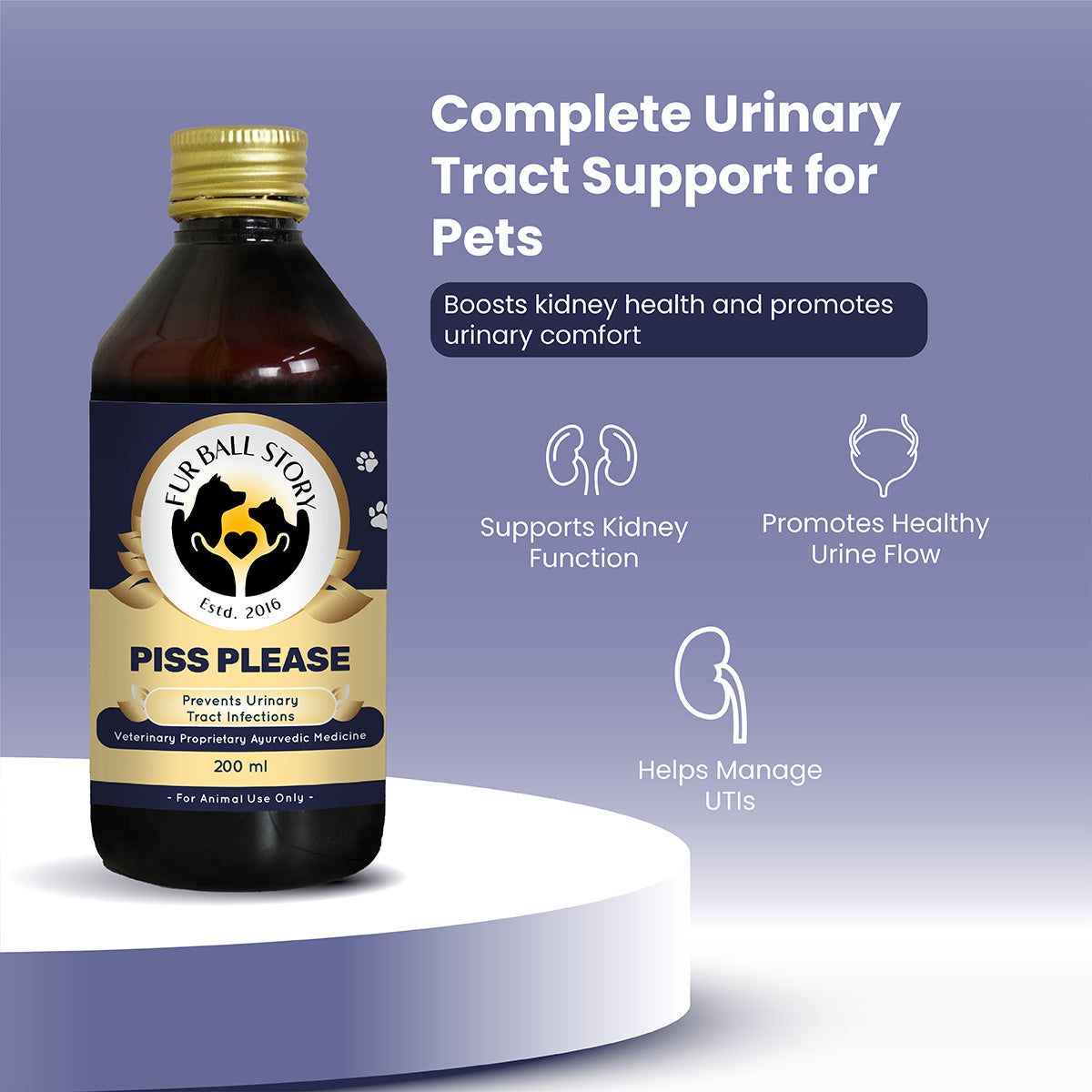 Piss Please is a specialized Ayurvedic syrup that provides complete urinary tract support, effectively boosting kidney health and promoting comfortable, healthy urine flow for your pets.