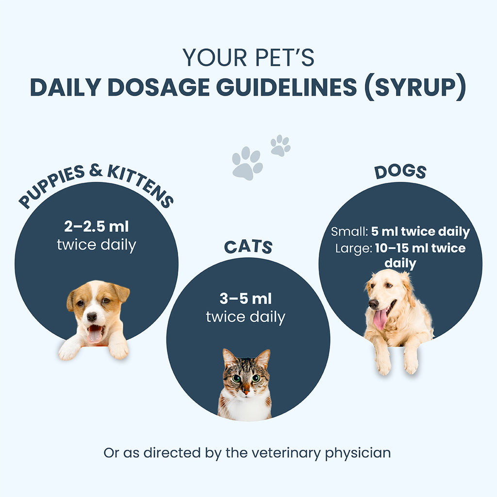 A clear, animal-specific dosing map providing exact milliliter measurements for puppies, kittens, cats, and dogs. It ensures pet owners can accurately tailor the treatment to their pet's size and life stage.
