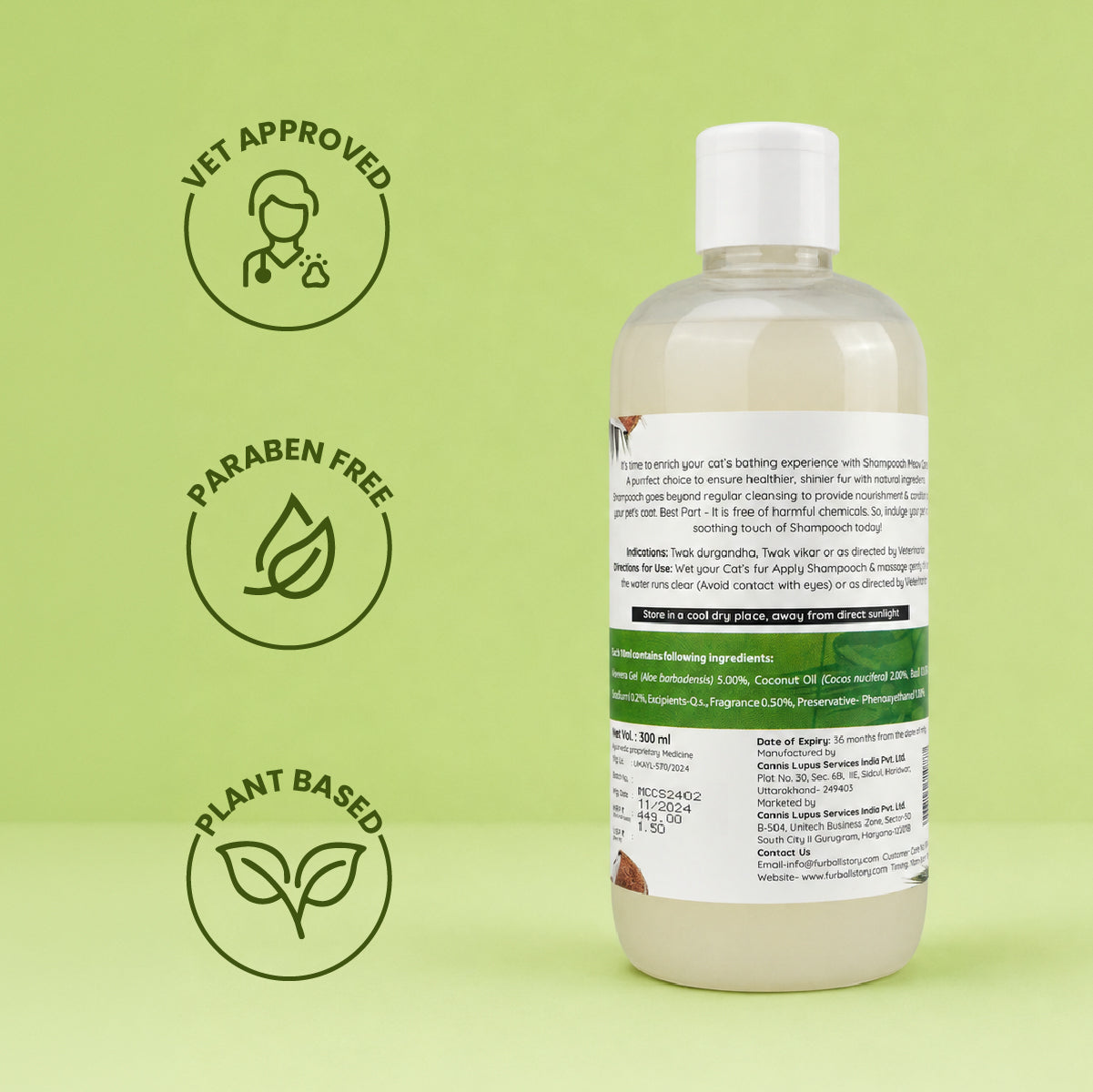 The back of the shampoo bottle displaying ingredients and instructions next to icons for "Vet Approved," "Paraben Free," and "Plant Based."