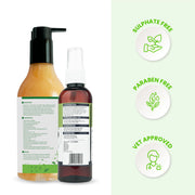 Back view of the product bottles displaying detailed ingredient composition alongside icons for Sulphate Free, Paraben Free, and Vet Approved.