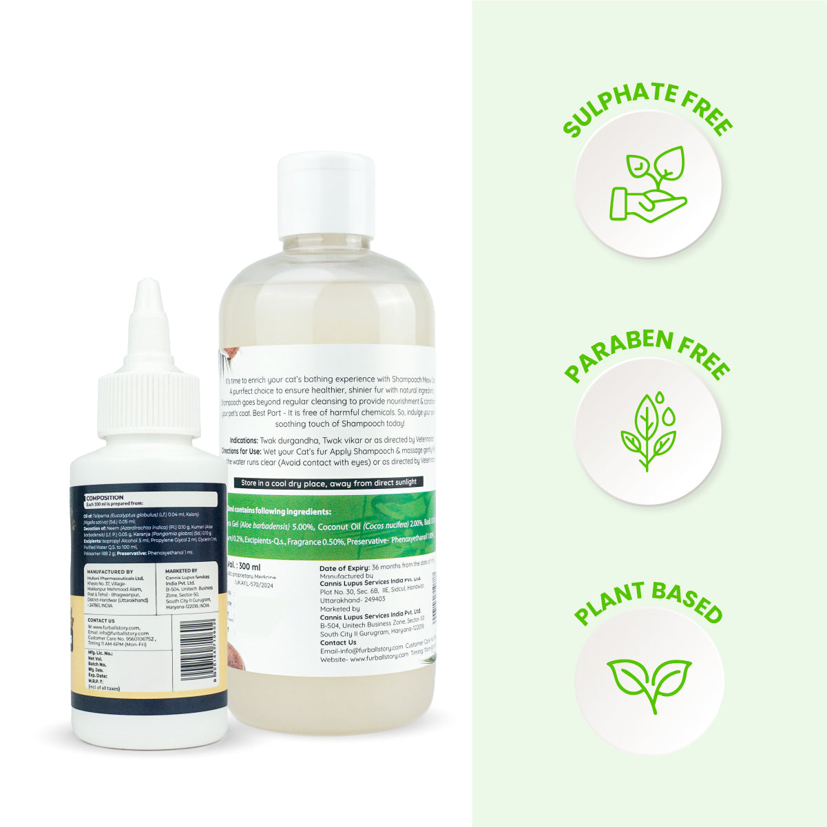 Rear view of the bottles showing ingredients and manufacturing details alongside icons for sulphate-free, paraben-free, and plant-based formulas.