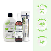 Rear view of the product packaging displaying ingredient compositions alongside Vet Approved, Ayurvedic Formulation, and Plant Based trust badges.