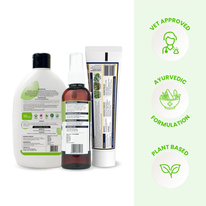Rear view of the product packaging displaying ingredient compositions alongside Vet Approved, Ayurvedic Formulation, and Plant Based trust badges.