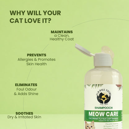 A bottle of Meow Care shampoo with an open cap, accompanied by text detailing why cats love it, including allergy prevention and shine.
