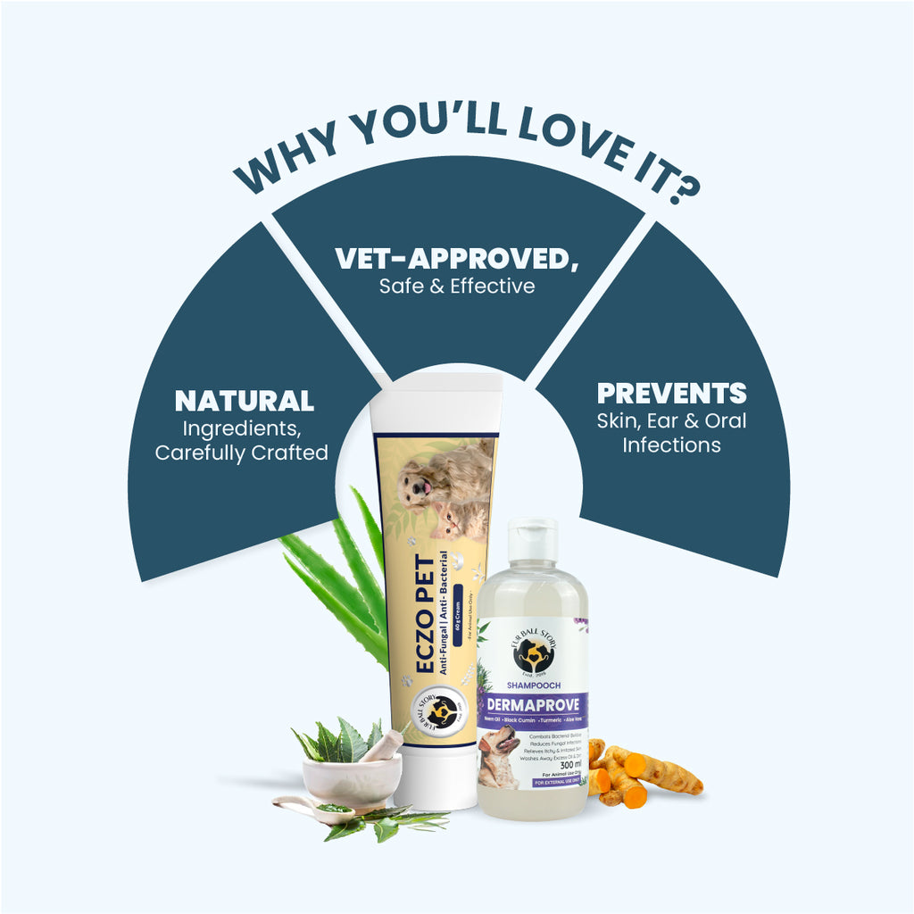 An infographic titled "Why You'll Love It?" highlighting three benefits of the pet care combo: natural ingredients, vet-approved safety, and prevention of skin, ear, and oral infections.