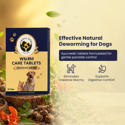 Promotional graphic highlighting that the Ayurvedic tablets offer effective, natural deworming by eliminating intestinal worms and supporting digestive comfort.