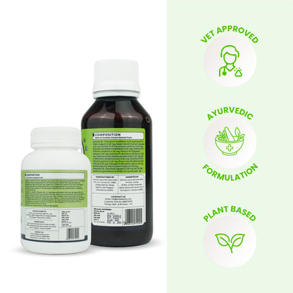 Rear view of the bottles showing full ingredient compositions and manufacturing details alongside icons for Vet Approved, Ayurvedic Formulation, and Plant Based.