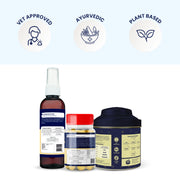 The back labels of the Joint Care Kit are displayed beneath three clean icons certifying the products as Vet Approved, Ayurvedic, and Plant-Based. It bridges the gap between traditional herbal wisdom and modern veterinary standards.