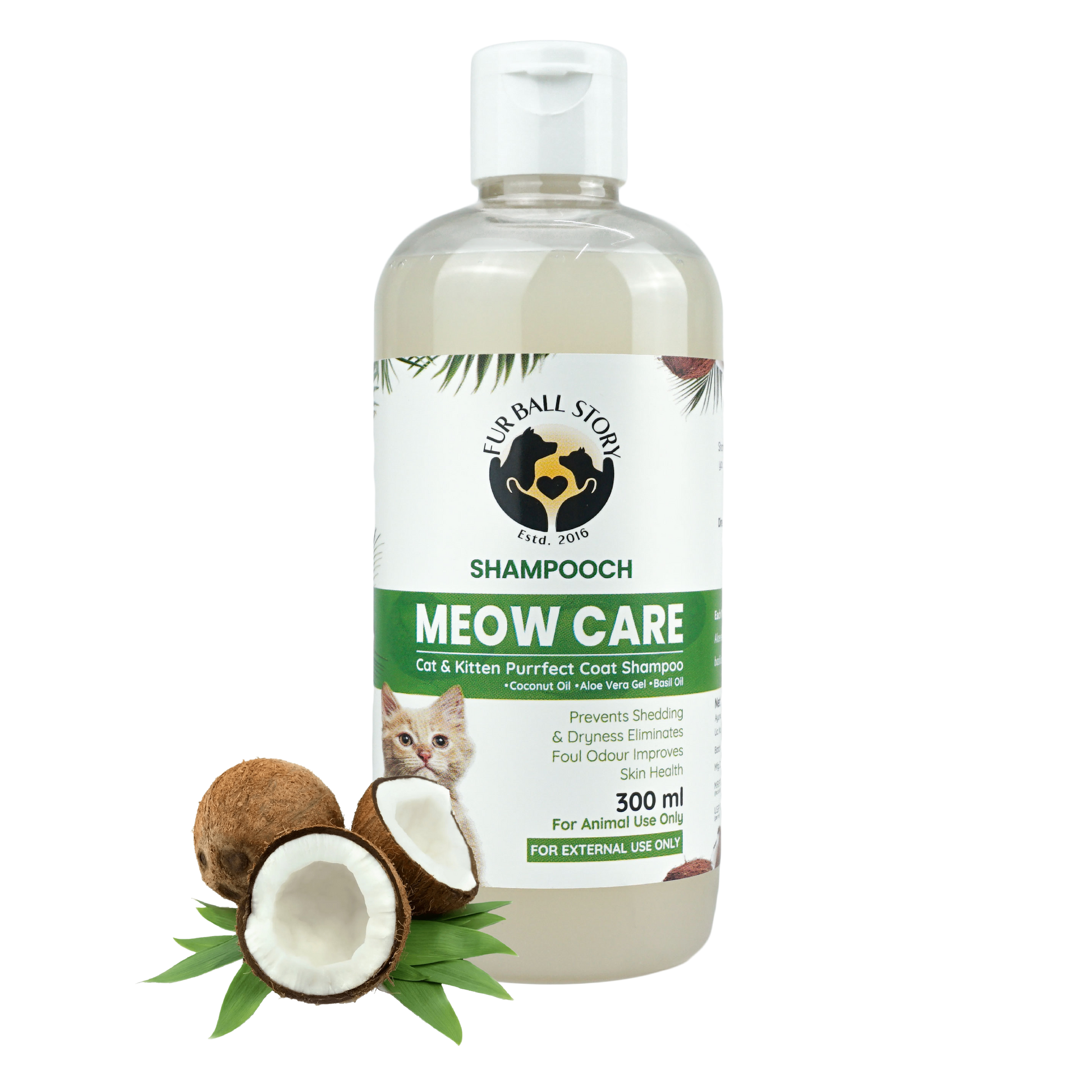 A 300ml bottle of Meow Care cat shampoo featured on a transparent checkered background with cracked coconut halves at the base.