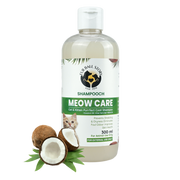 A 300ml bottle of Meow Care cat shampoo featured on a transparent checkered background with cracked coconut halves at the base.