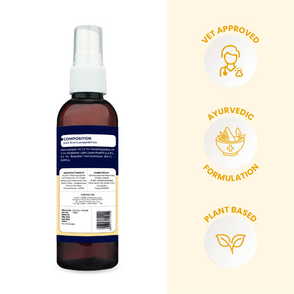 The back of the Jump-O-Joint bottle detailing ingredients and instructions, next to icons for Vet Approved, Ayurvedic Formulation, and Plant-Based.