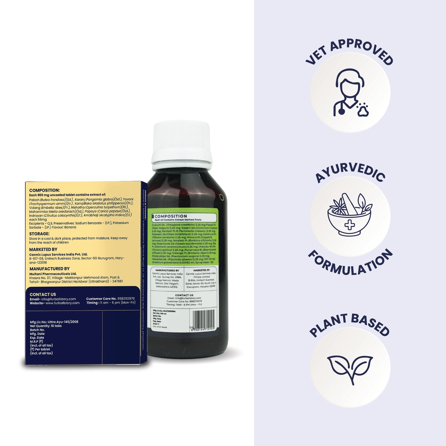 Product packaging backs showing the composition and storage info, highlighted by trust badges for Vet Approved, Ayurvedic Formulation, and Plant Based.