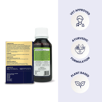 Product packaging backs showing the composition and storage info, highlighted by trust badges for Vet Approved, Ayurvedic Formulation, and Plant Based.