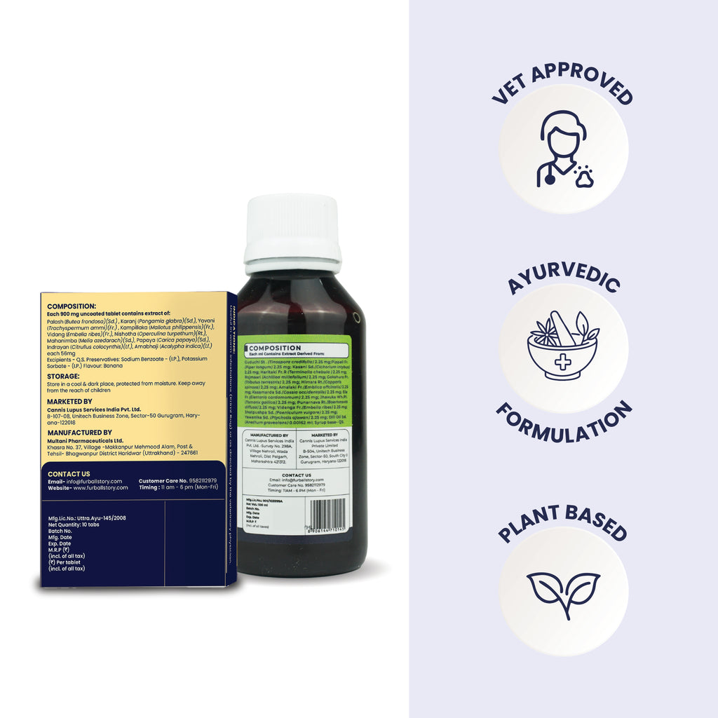 Product packaging backs showing the composition and storage info, highlighted by trust badges for Vet Approved, Ayurvedic Formulation, and Plant Based.
