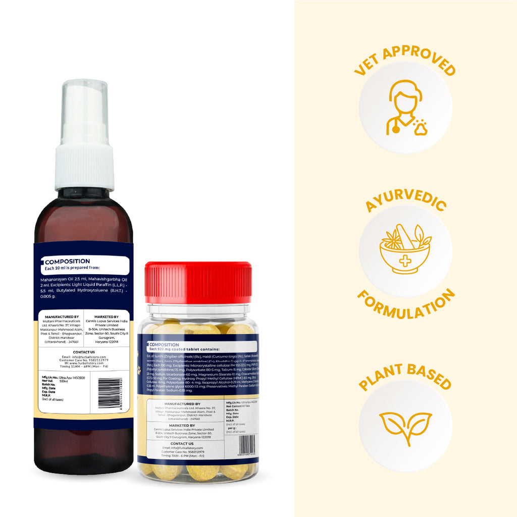 Rear view of the spray and tablet bottles showing detailed ingredient composition lists, accompanied by badges indicating Vet Approved, Ayurvedic Formulation, and Plant Based.