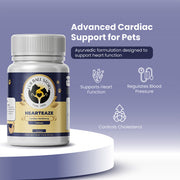 A professional showcase of Hearteaze tablets for pets, framed against a soft lavender backdrop. The layout highlights three core wellness pillars—heart function, blood pressure regulation, and cholesterol control—positioned as a modern Ayurvedic solution for cardiac vitality.