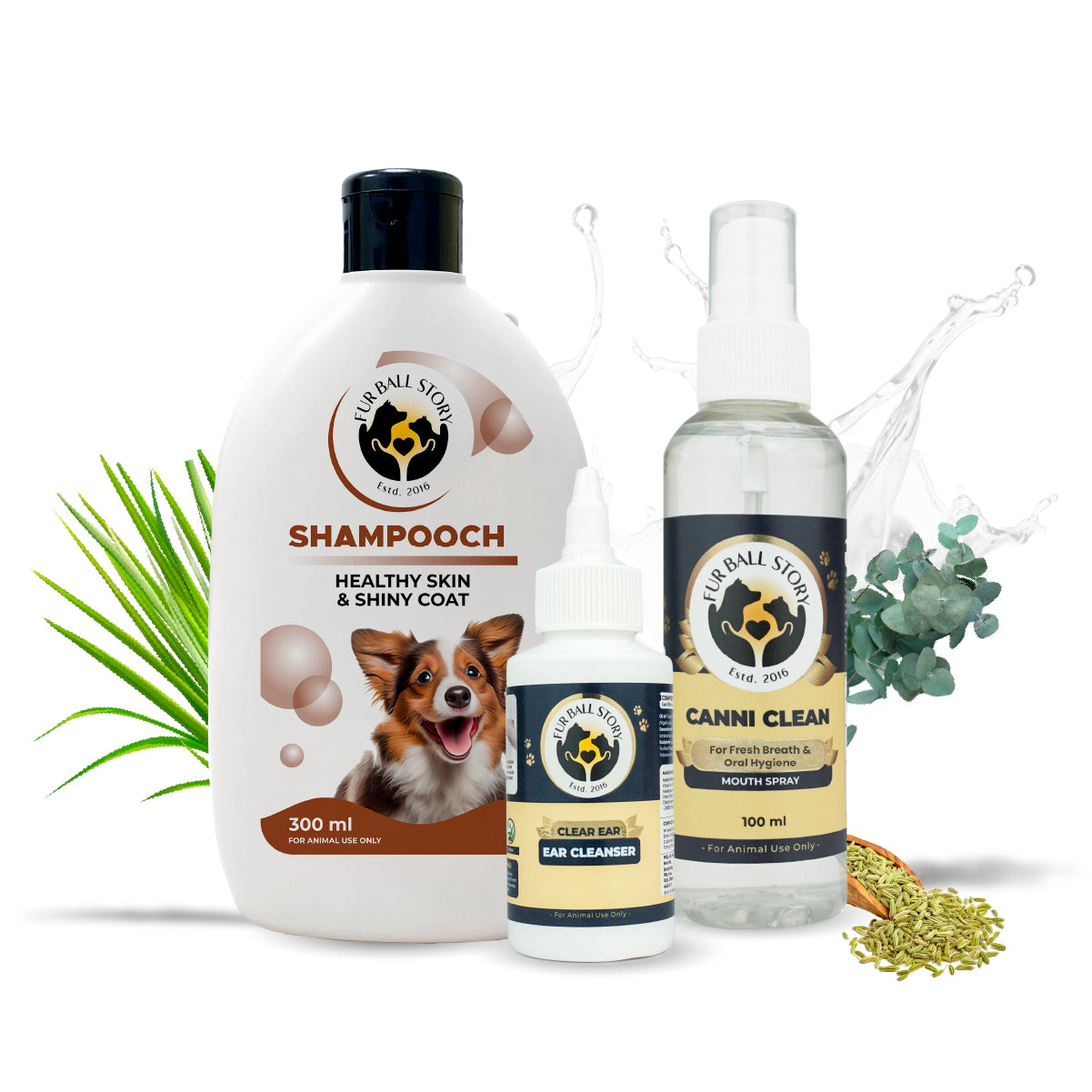 Three Fur Ball Story pet care products: Shampooch dog shampoo, Clear Ear ear cleanser, and Canni Clean mouth spray, displayed together with water splashes and botanical elements.