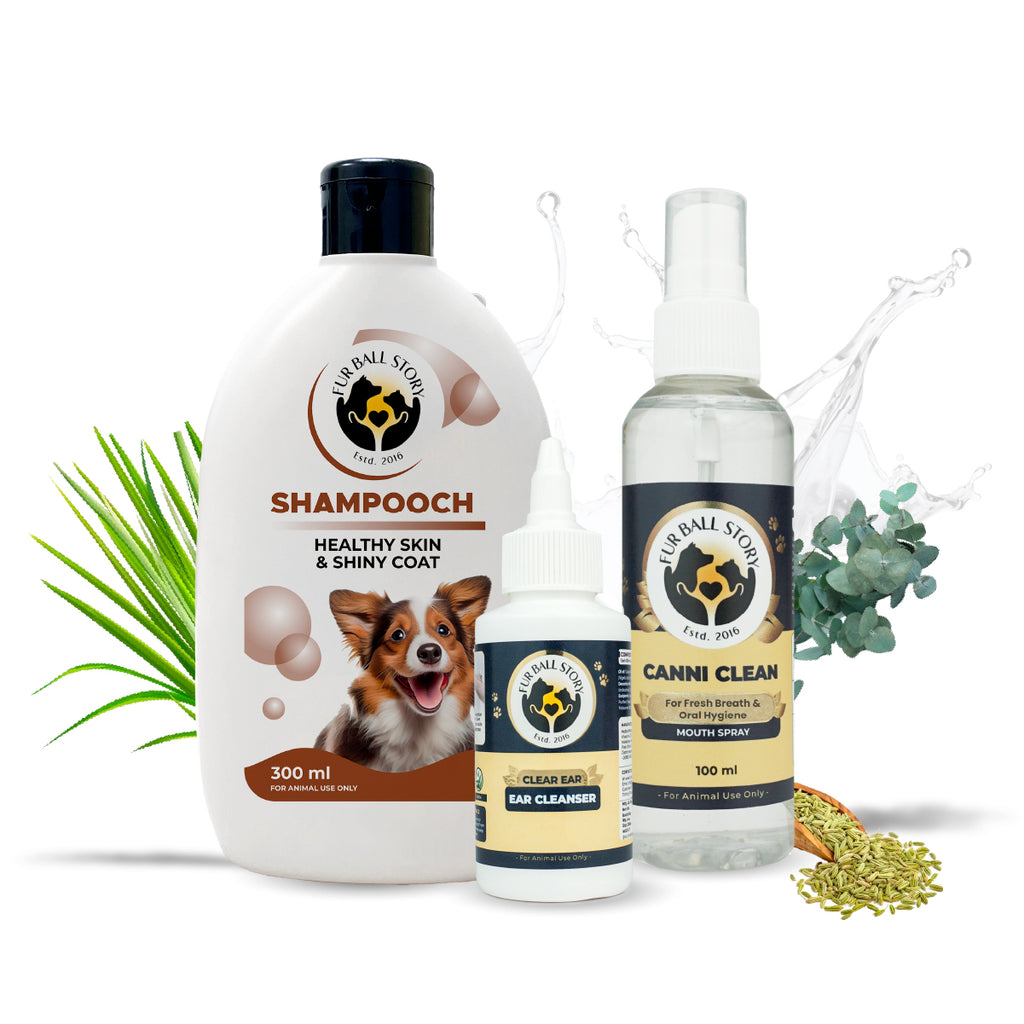 Three Fur Ball Story pet care products: Shampooch dog shampoo, Clear Ear ear cleanser, and Canni Clean mouth spray, displayed together with water splashes and botanical elements.