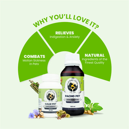 A green semicircle infographic highlighting that the product combo relieves indigestion and anxiety, combats motion sickness, and uses natural ingredients.