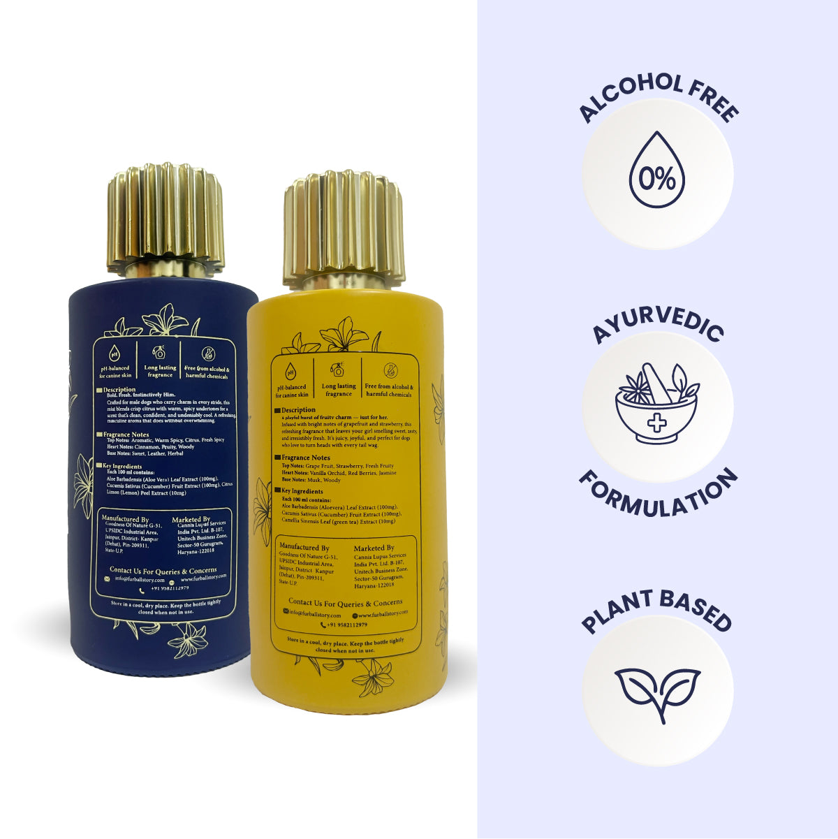 A back-label view of the teal Furmist bottle alongside three clean badges. It proudly displays its "Alcohol-Free," "Ayurvedic Formulation," and "Plant-Based" credentials, reassuring pet parents of a safe, non-toxic grooming experience.