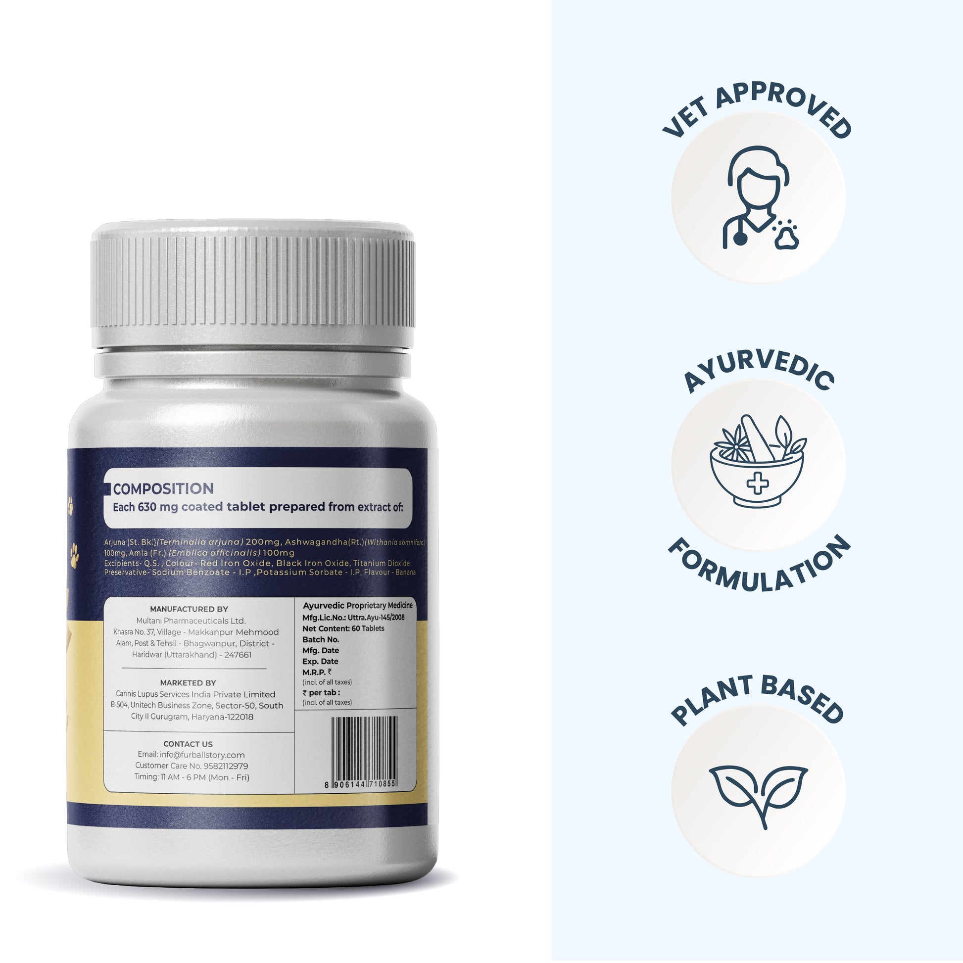 The rear view of the Hearteaze bottle detailing its composition, accompanied by clean icons representing its "Vet Approved" status and "Plant Based" origin. It emphasizes the transparency of the Ayurvedic formulation and its ethical, clinical backing.