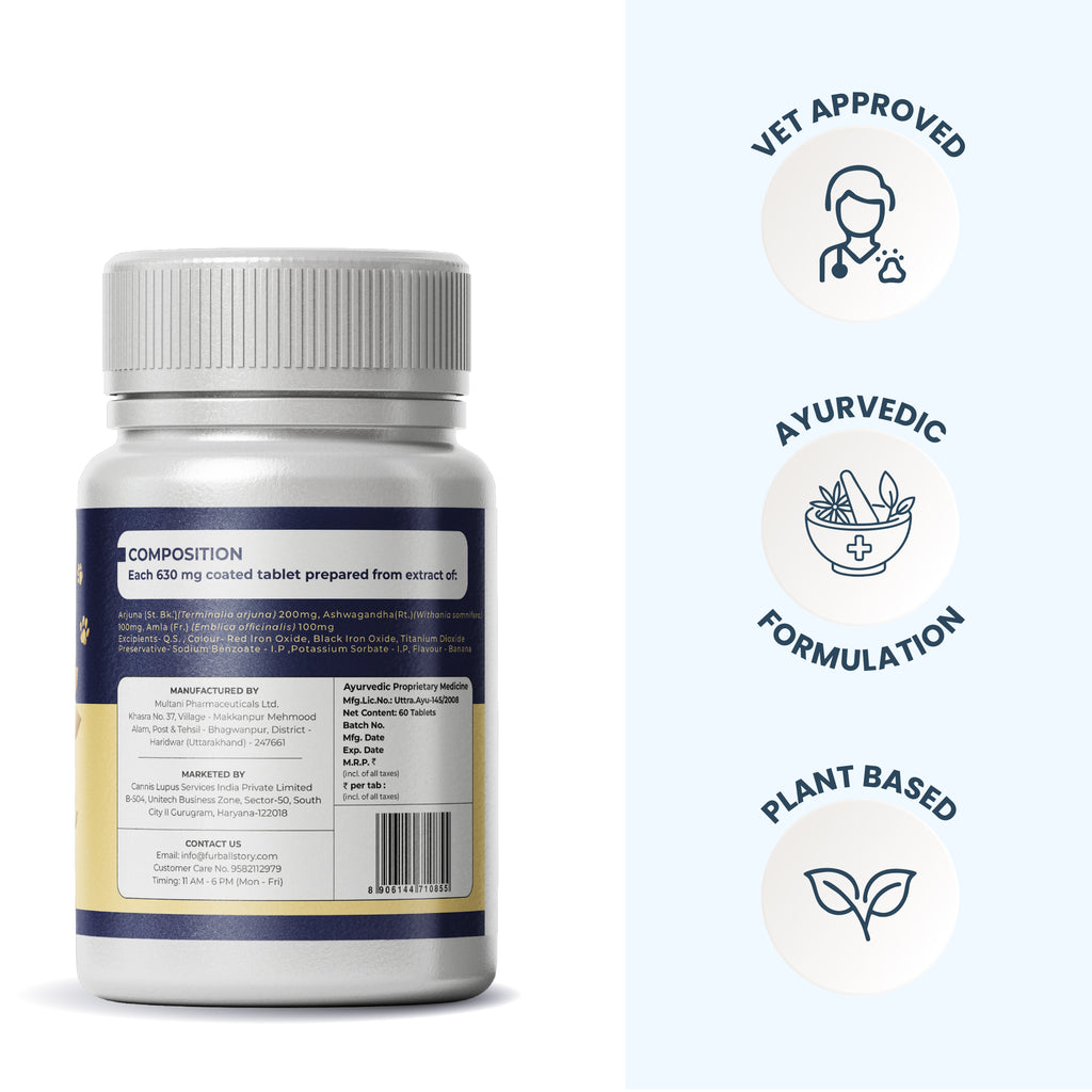 The rear view of the Hearteaze bottle detailing its composition, accompanied by clean icons representing its "Vet Approved" status and "Plant Based" origin. It emphasizes the transparency of the Ayurvedic formulation and its ethical, clinical backing.