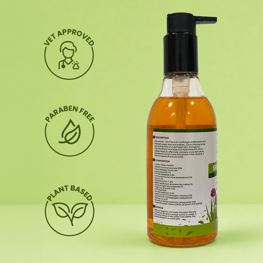 Back of the Shampooch bottle detailing ingredients alongside Vet Approved, Paraben Free, and Plant Based icons.