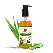 A pump bottle of Shampooch Tick-Free dog shampoo next to fresh aloe vera leaves and slices.