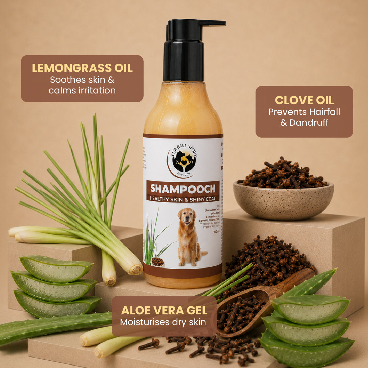Shampooch bottle arranged on blocks with lemongrass stalks, aloe vera slices, and a bowl of cloves highlighting its key natural ingredients.