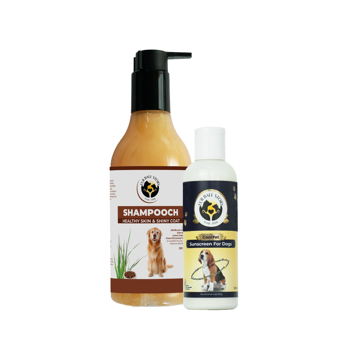 A bottle of Shampooch dog shampoo standing next to a bottle of Cool Pet sunscreen against a transparent grid background.
