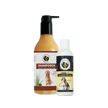 A bottle of Shampooch dog shampoo standing next to a bottle of Cool Pet sunscreen against a transparent grid background.