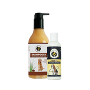 A bottle of Shampooch dog shampoo standing next to a bottle of Cool Pet sunscreen against a transparent grid background.
