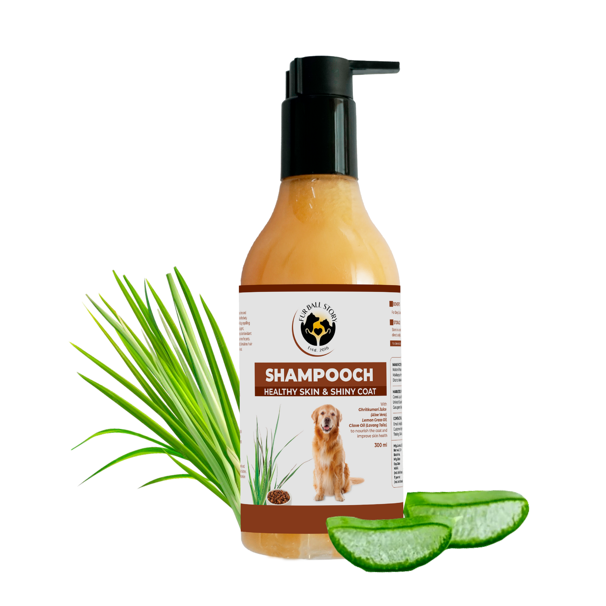 A Shampooch dog shampoo bottle displayed with fresh lemongrass stalks and aloe vera slices on a transparent grid background.