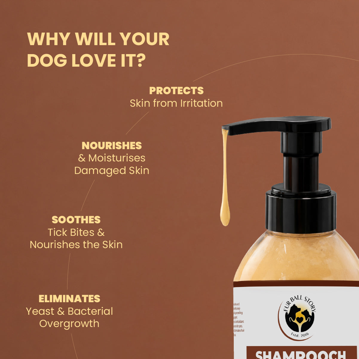Close-up of a Shampooch bottle pump dispensing liquid, with text highlighting how it protects, nourishes, soothes, and eliminates bacteria.