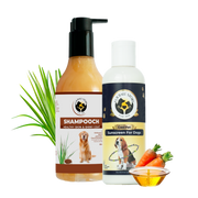 Dog shampoo and sunscreen bottles arranged with blades of grass, fresh carrots, and a bowl of oil on a transparent grid background.