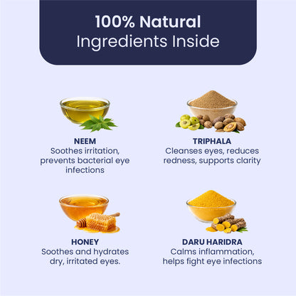 A clean layout showcasing the "Fantastic Four" of Ayurvedic eye care: Soothing Neem, cleansing Triphala, hydrating Honey, and anti-inflammatory Daru Haridra, each accompanied by its specific healing property for pet ocular hygiene.